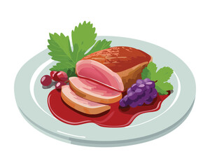 Sliced roasted pork with fresh grapes on a white plate, a classic and delicious gourmet meat dish - Vector Illustration