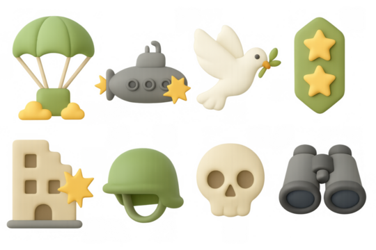Peace and war icon set with stars, parachute, and dove in clay style - Powered by Adobe