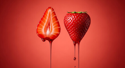 Single strawberry slice with syrup drips and whole strawberry in sharp studio focus
