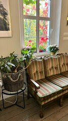Vintage Sofa in Café with Autumn Grape Leaves Outside