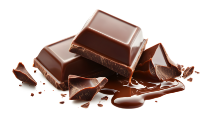 A chocolate bar with a few pieces missing and chocolate dripping from it