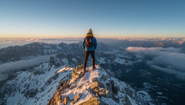 A lone hiker surveying a vast mountain range from a snowy peak.