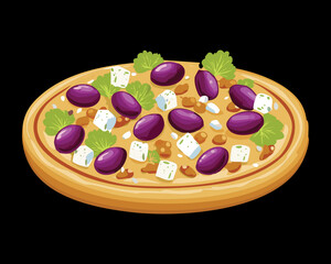 Artistic depiction of a classic pizza with purple grapes, fresh herbs, and savory cheese - Vector Illustration