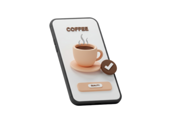Isolated mobile phone with coffee cup displaying quality assurance app on screen, modern design
