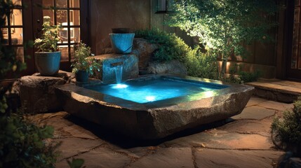 Moonlit Courtyard Fountain: Glowing Blue Water in Stone Basin.