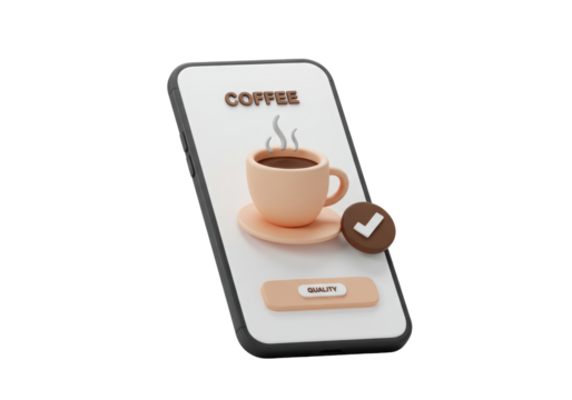Isolated mobile phone with coffee cup displaying quality assurance app on screen, modern design