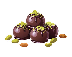 Gourmet dark chocolate truffles with fresh pistachio and grape filling, elegant dessert on platter - Vector Illustration