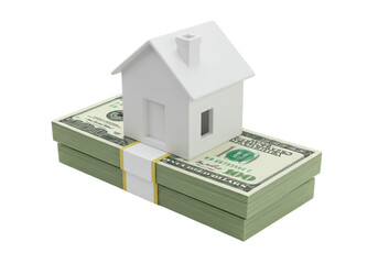 Isolated rendering of a house sitting on stacks of hundred dollar bills suggesting wealth