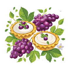 A set of sweet grape tartlets with creamy filling and fresh leaves - Vector Illustration

