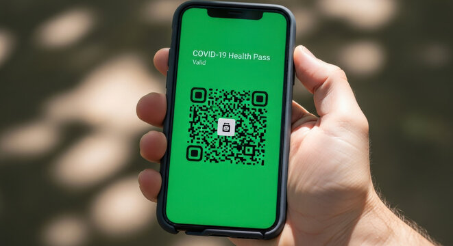 Hand holding a smartphone displaying a valid COVID-19 Health Pass with a QR code, representing digital vaccine verification