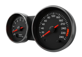 Isolated vehicle instrument panel displays engine speed, velocity and mileage indicators