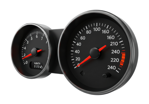Isolated vehicle instrument panel displays engine speed, velocity and mileage indicators
