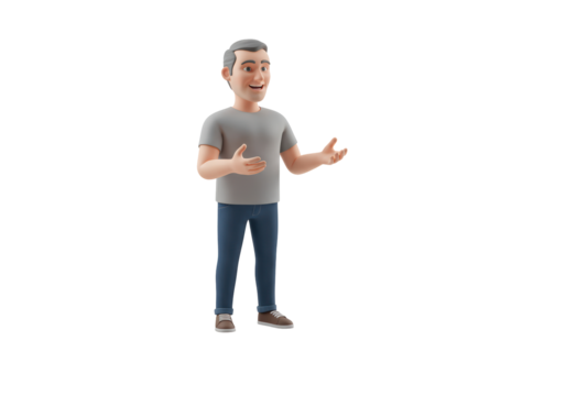 Isolated 3D character with gray hair presents information with gesture isolated no background