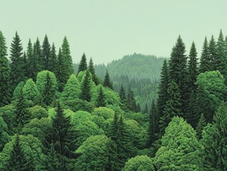 Obraz premium Lush green forest canopy, misty mountains