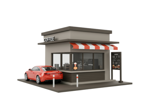 Isolated coffee shop with car parked in front of drive through, menu board showing
