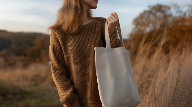 A woman is holding a white bag. She is wearing a brown sweater. The bag is white. Faceless person holding organic cotton tote bag, sustainable fashion practices, soft warm muted background