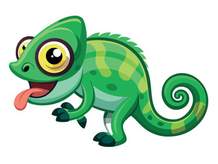 Cartoon green chameleon with tongue sticking out isolated on white background