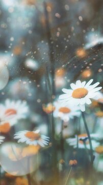 A dreamy, close-up video shot of daisies with a soft focus and bokeh effect, capturing a serene, ethereal garden atmosphere. Live mobile wallpaper.