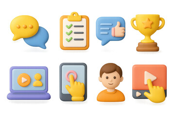Colorful 3d icons set featuring chat, checklist, trophy, media, and user profiles