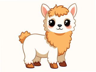 Cute cartoon llama with fluffy fur and big eyes isolated on white background