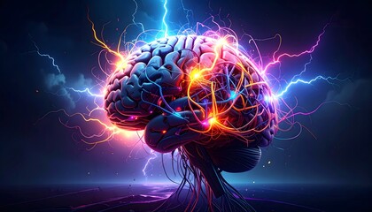 A stylized human brain bursts with chaotic, glowing electrical wires and light, set against a dark, stormy sky, symbolizing sensory overload and mental stress.