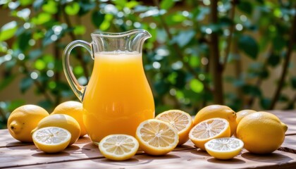 Naklejka premium Colorful Ceramic Pitcher with Fresh Citrus and Lemons