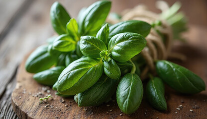 Fresh Basil Sprigs Tied with Hemp Cord on Wooden Board