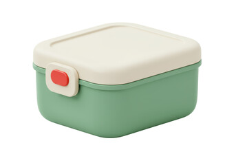 Isolated sage green lunchbox with light yellow lid and red clasp on a plain surface