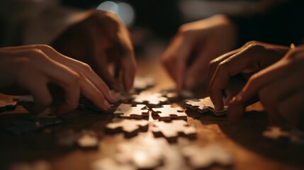 Hands assembling jigsaw puzzle
