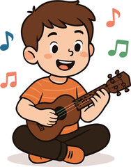 Cartoon boy playing guitar, happy child music illustration, cute kid with instrument, fun learning concept, musical education, childhood entertainment