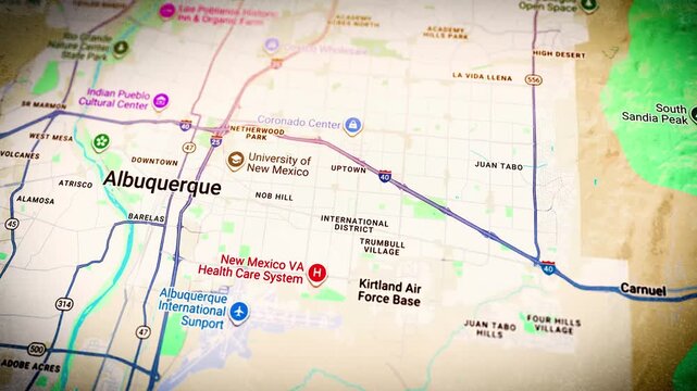 Motion graphic animation of Albuquerque, New Mexico, showcasing the Rio Grande, Sandia Mountains, and city districts. Includes major roads, desert surroundings, and civic zones. 