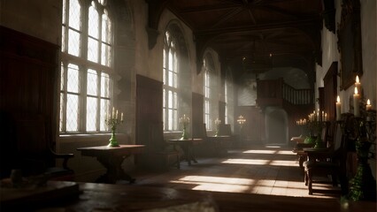 Sunlight streams through large windows into a grand, dimly lit hall with wooden furnishings and ornate decor.