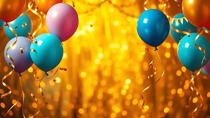 A festive golden frame filled with floating balloons and swirling confetti, capturing a lively celebration atmosphere.