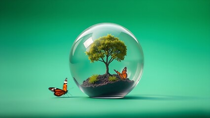 A glass orb containing a miniature tree and butterfly on a green background, representing ecological balance.