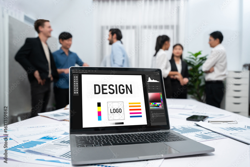 Aufkleber graphic designer software for modern design of web page and commercial brisk ads showing on the comp