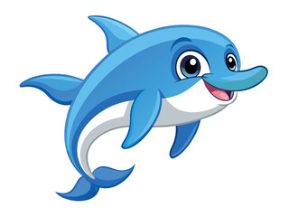 Cartoon blue dolphin swimming in the ocean isolated on white background