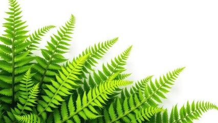A group of vibrant green fern leaves arranged in the lower left corner on a stark white background space