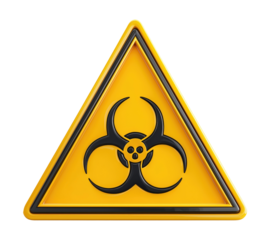 Yellow triangular biohazard warning sign with black symbol isolated on transparent background