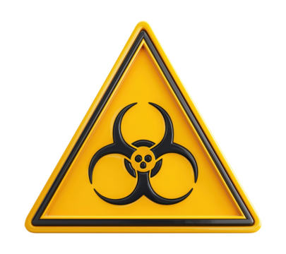 Yellow triangular biohazard warning sign with black symbol isolated on transparent background