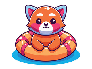 A cute red panda sitting in a swim ring isolated on white background