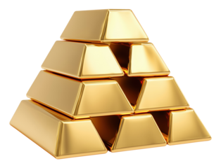 Shiny gold bullion bars arranged in pyramid formation isolated on transparent background