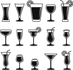Drink glass icons, cocktail silhouettes, wine glass, champagne flute, martini, tumbler, highball, garnish, straw, barware, beverage design, alcohol symbols, black and white, minimal style