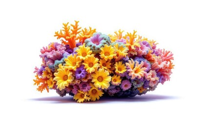 A vibrant and colorful coral formation with yellow flowers on a clean white background studio shot
