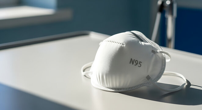 High resolution studio photograph of n95 respirator on clean white background with bright even lighting