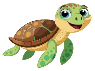 Cartoon sea turtle swimming in the ocean isolated on white background
