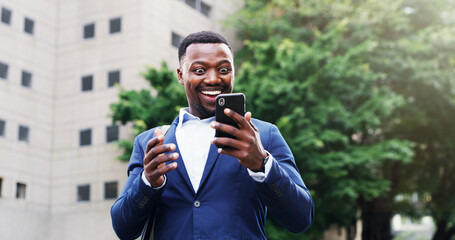 Surprise, business and black man with phone in city for travel, good news and job promotion....