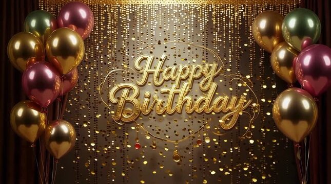 Elegant golden Happy Birthday greeting card animation with shimmering gold confetti rain backdrop