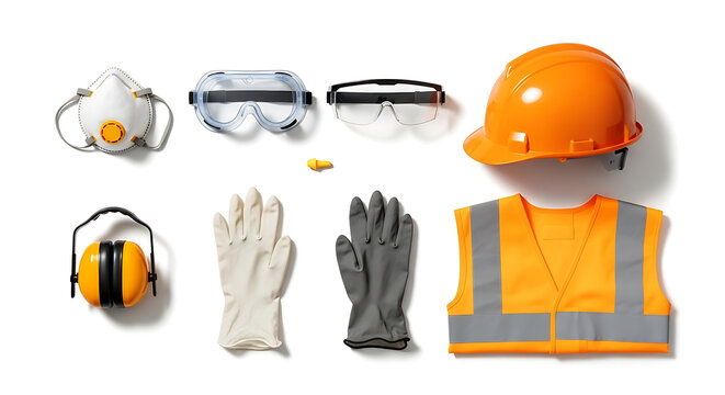 High resolution studio photograph of infographic ppe flat lay on clean white background with bright even lighting