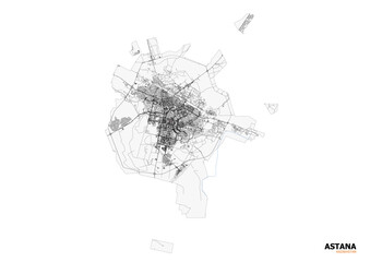 Vector city map of Astana showing complete highways across the city in full layout view without zoom.
