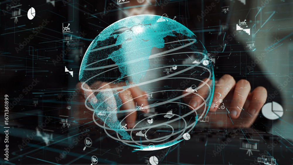 Poster a digital globe illustrates global connectivity, enhanced by data visualization elements. this moder